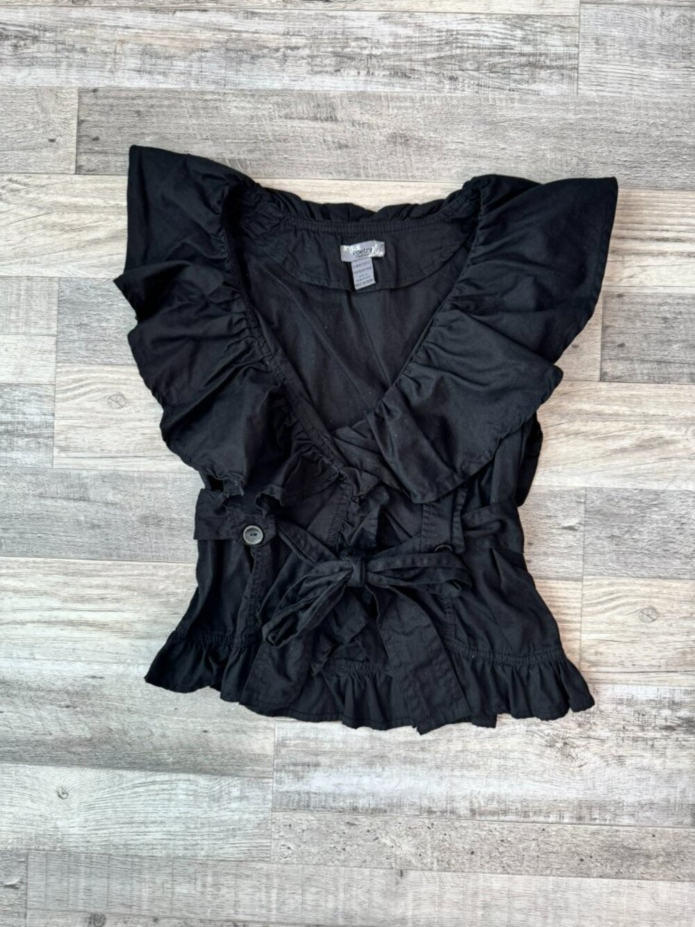 Poetry Clothing Black Cotton Ruffled Tie Front Top Size Medium A18